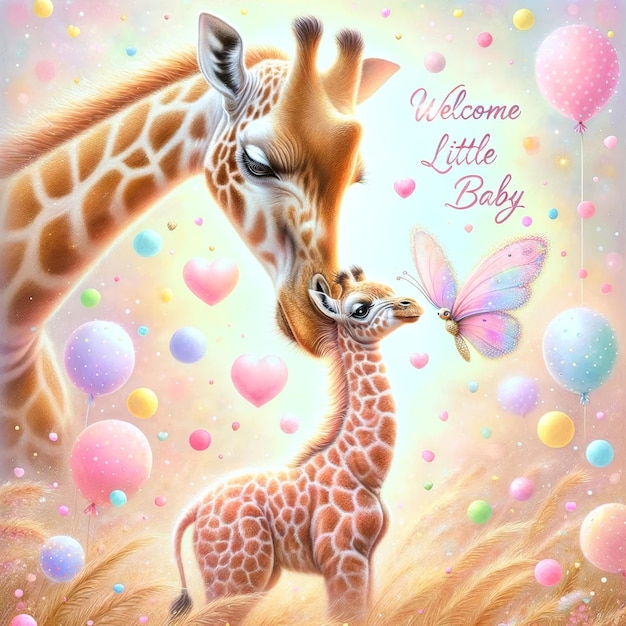 Giraffe Newborn Celebration with Balloons and Butterflies