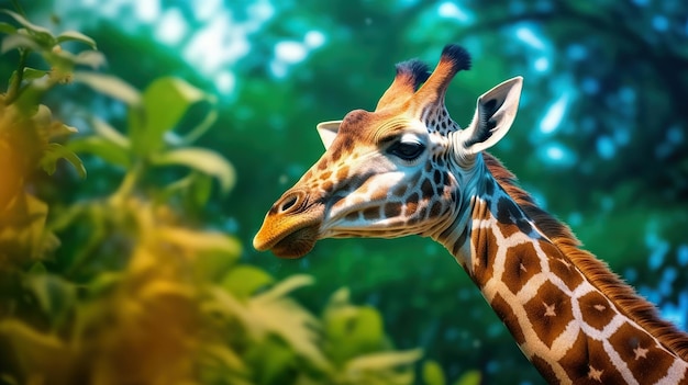 Giraffe op groen blad Mooie giraffe met een hoog contrast