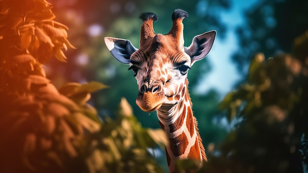 Foto giraffe op groen blad mooie giraffe met een hoog contrast