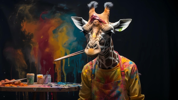 Foto la giraffa con la camicia di un pittore