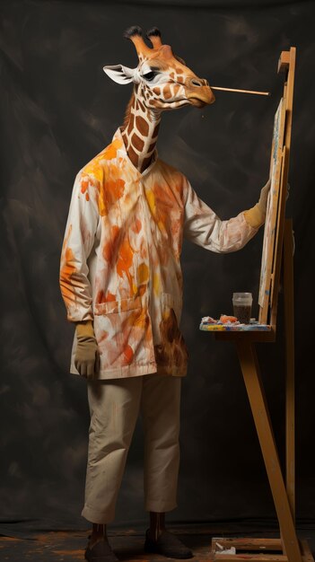 Photo giraffe painting on an easel generative ai
