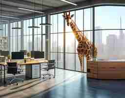 Photo a giraffe peeks into the window of an office in a highrise building unexpected visitor