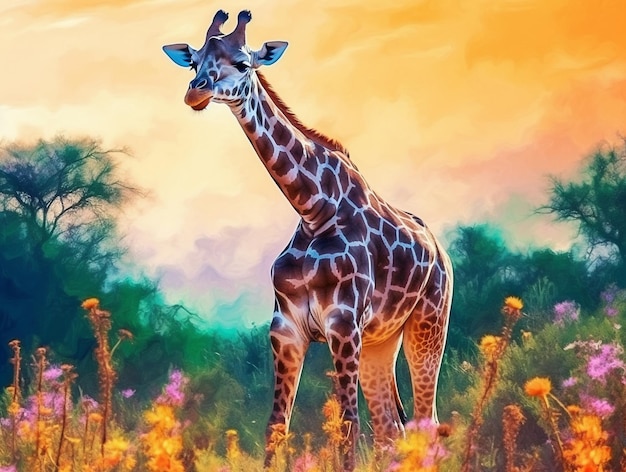 Giraffe Portrait on Oil Painting Style AI Generated