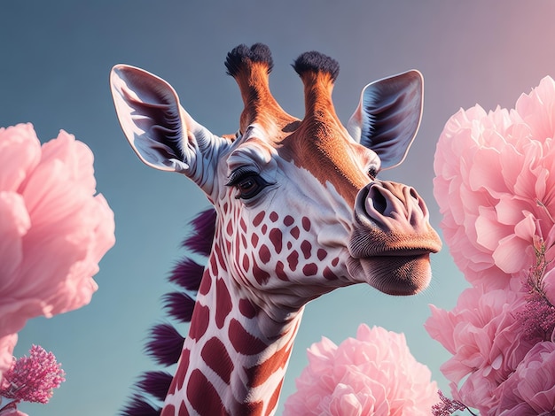 Giraffe portrait with flowers and leaves ai generative