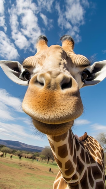 Giraffe raakt de camera aan om een selfie te maken Grappige selfie portret van een dier