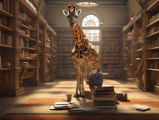 Giraffe reading books in a library Giraffe picking books from library shelves