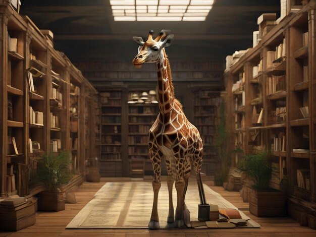 Foto giraffe che legge libri in una biblioteca giraffa che raccoglie libri dagli scaffali della biblioteca
