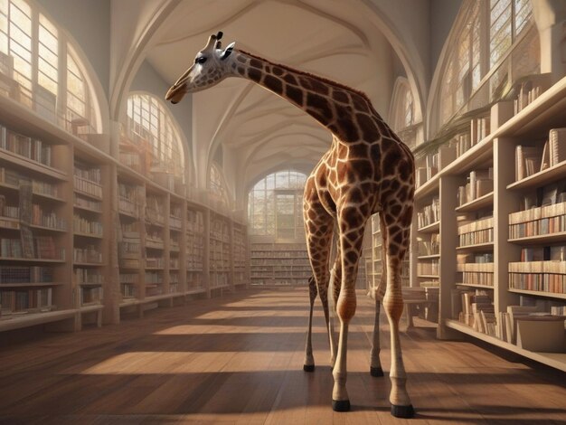 Foto giraffe che legge libri in una biblioteca giraffa che raccoglie libri dagli scaffali della biblioteca