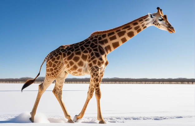 Giraffe running on background track desert nature wildlife and snow