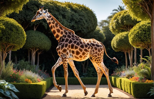 Жираф бежит по пустынной природе, дикой природе и снегу.