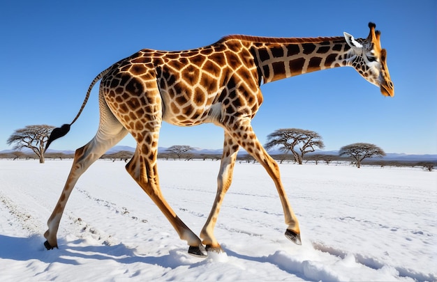 Photo giraffe running on background track desert nature wildlife and snow