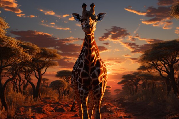 Photo giraffe in safari jungle looking camera sunset