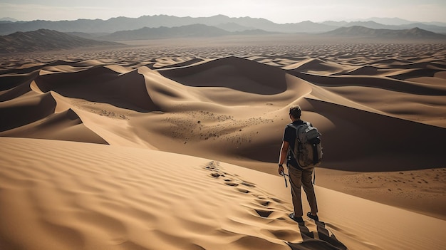 Giraffe on Sand Dune with Backpack Generative AI