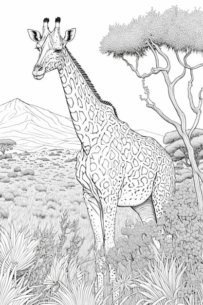 Giraffe in the savannah coloring page