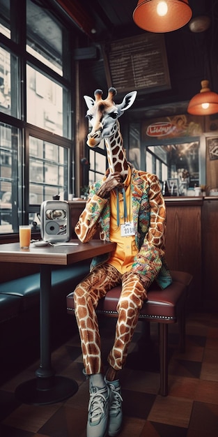 A giraffe sits in a restaurant with a sign that says'giraffes '