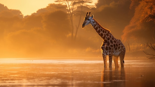 Giraffe standing on the lake at sunrise