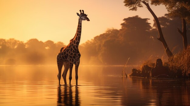 Жираф стоит на озере на восходе солнца