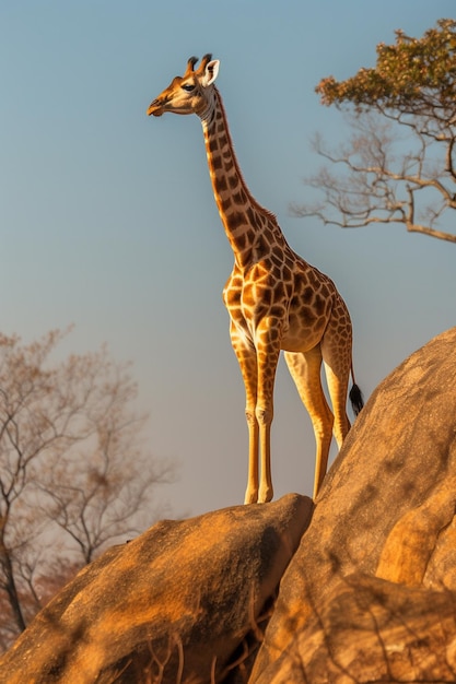 A giraffe standing on a rock with the sun shining on it.