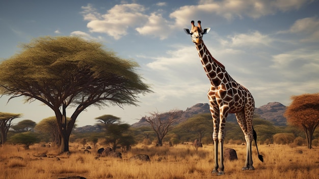 giraffe standing tall in african savannah elegance