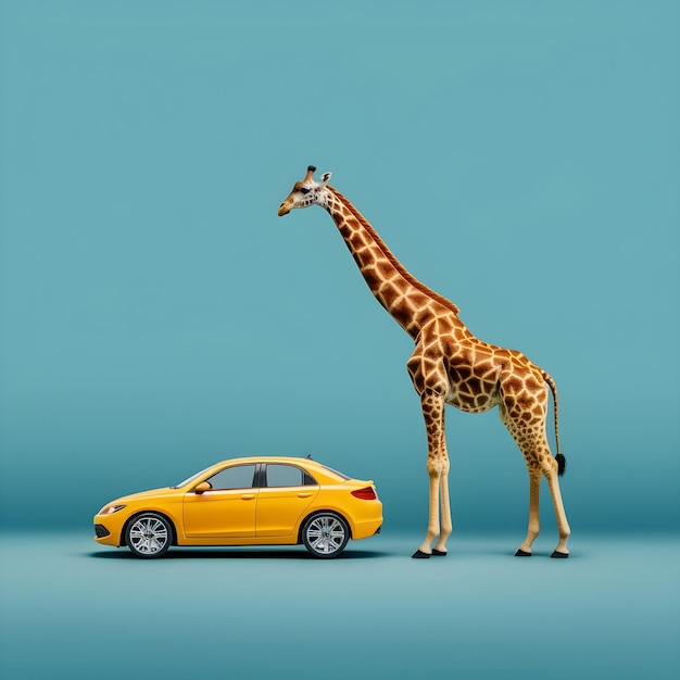 A giraffe standing next to a toy car