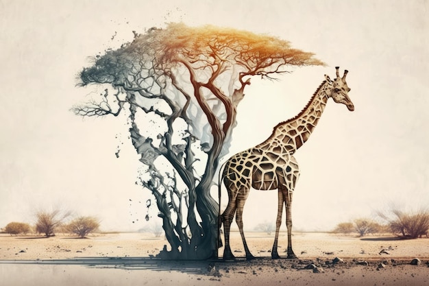 Giraffe standing next to a tree in the desert Generative AI