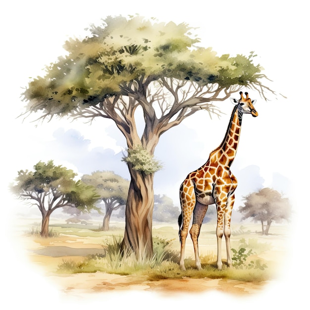Жираф, стоящий рядом с деревом на поле, генерирующий образ.