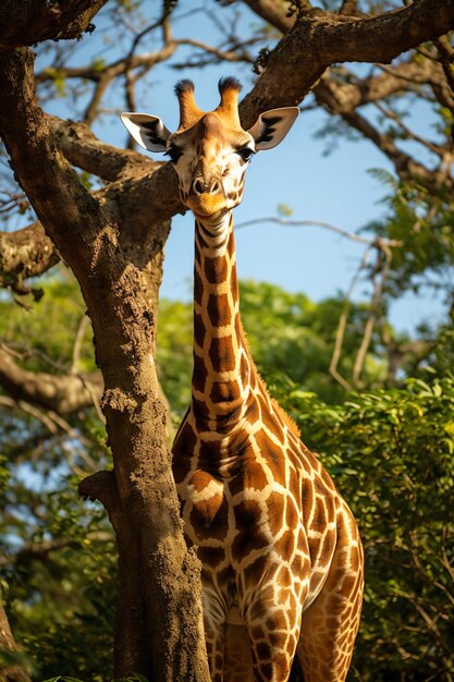 A giraffe standing next to a tree in a forest