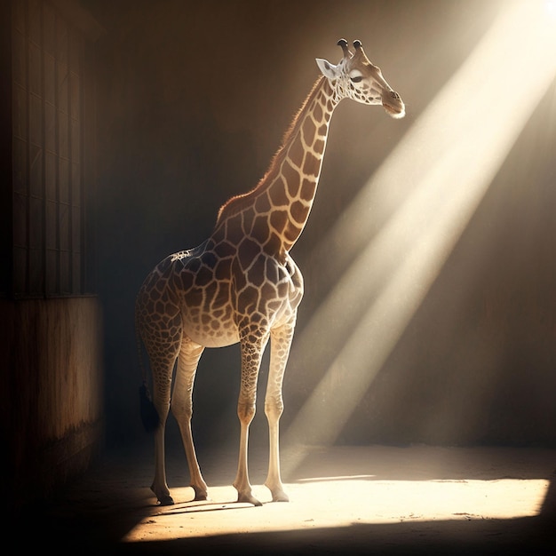 A giraffe stands in a dark room with light shining through it.