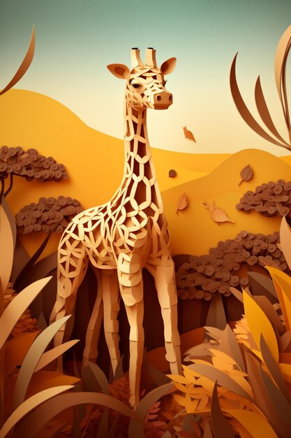 A giraffe stands in a field of grass and leaves.