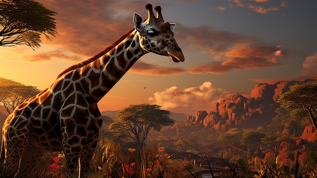 A giraffe stands in front of a mountain with a sunset in the background