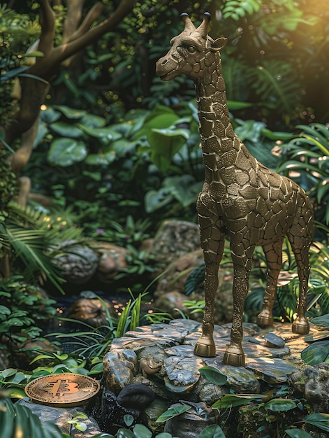 Foto una statua di giraffa in una giungla con una giraffa in cima