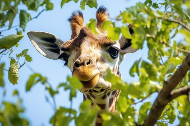Giraffe stretching to eat leaves from the top of a tree