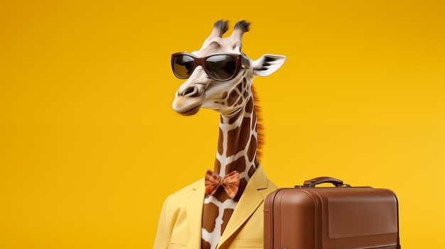 Giraffe in sunglasses and travel suitcase as a tourism advertising concept copy space