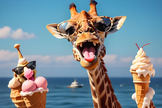 Photo giraffe in sunglasses with an ice cream with a white smile looks at the camera against ai platform