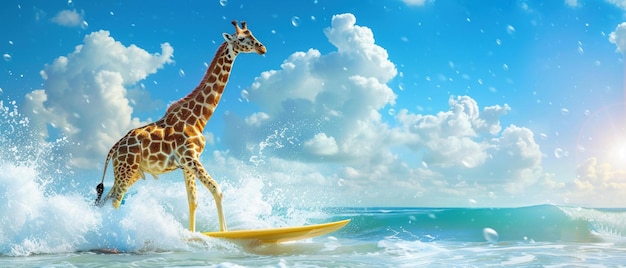 Photo giraffe on surfboard playful beach day