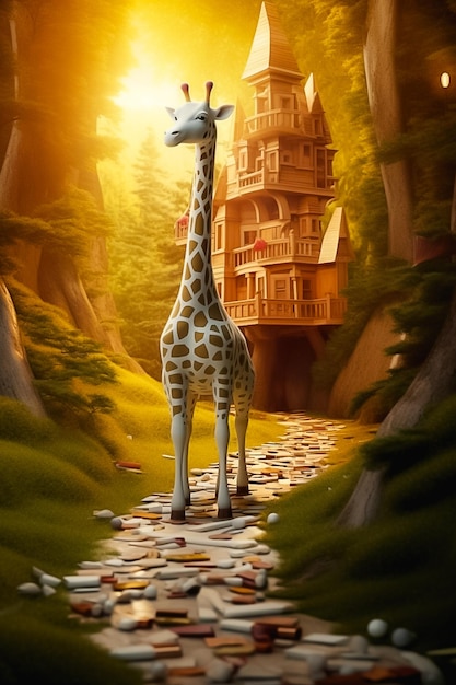 Жираф, окруженный книгами на фоне страны чудес в стиле мультфильмов, созданный Ай