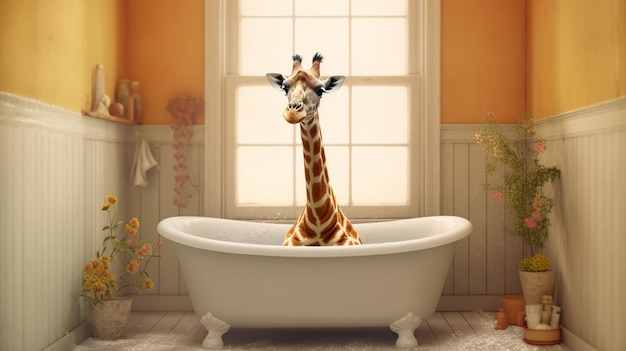 Giraffe taking a bath in a bathtub Generative Ai