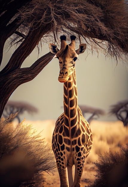 Giraffe towering above the savannah reaching for the leaves of an acacia tree generative ai