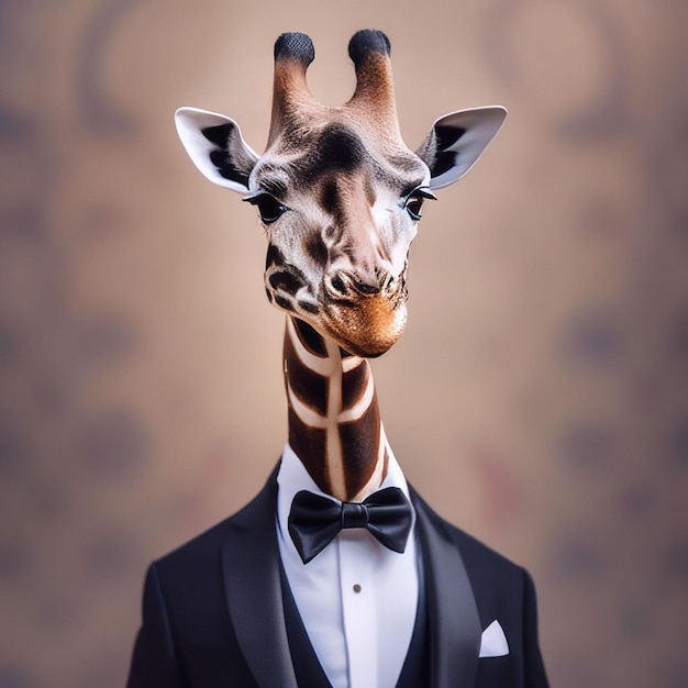 Giraffe in a tuxedo and bow tie on a brown background