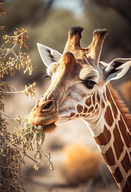 Giraffe using its long tongue to reach for leaves high up in a tree generative ai