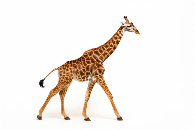 a giraffe walking across a white surface