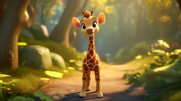 A giraffe walks through a forest with a forest background.