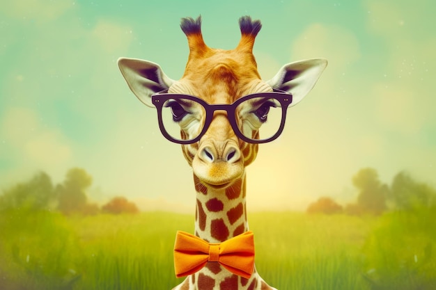Giraffe wearing glasses and bow tie with sky background generative ai