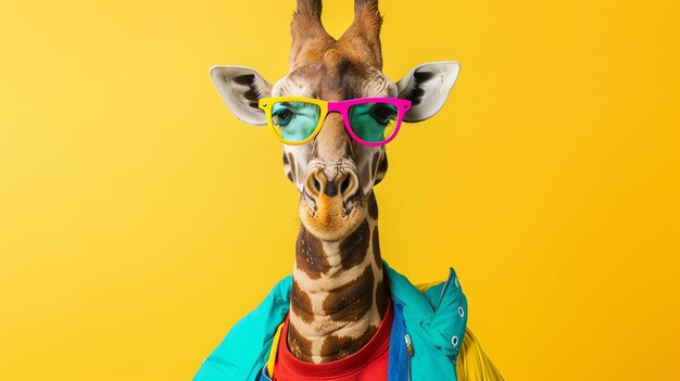 A giraffe wearing glasses and a colorful jacket is looking at the camera with a serious expression The background is a bright yellow color