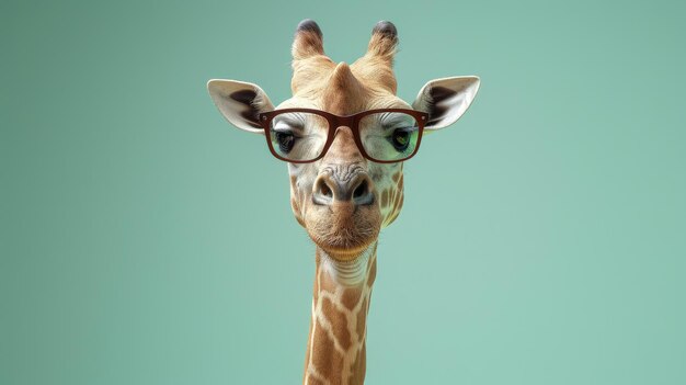 A giraffe wearing glasses is the main focus of the image