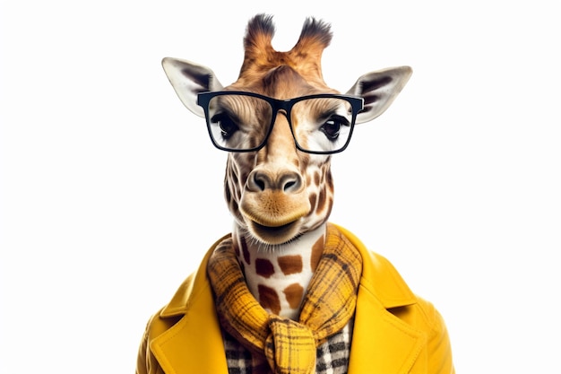 a giraffe wearing glasses and a yellow coat