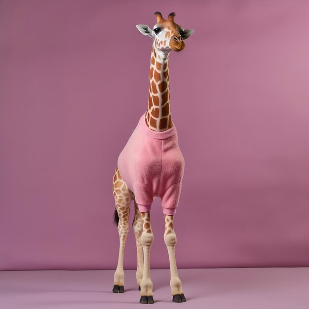 Foto giraffa che indossa un maglione rosa