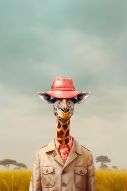 Жираф в красной шляпе и trench coat и галстуке Генеративный ИИ