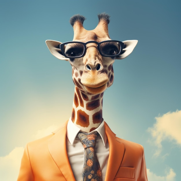 Giraffe Wearing A Suit Photorealistic Surrealism In Vibrant Colors