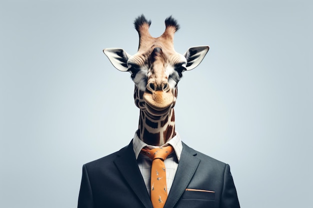 a giraffe wearing a suit and tie with a white background